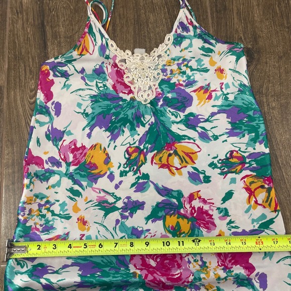 Vintage Cinema Etoile 80s Floral Satin Slip Dress Lace Trim Ruffle Hem Maxi - Picture 8 of 10